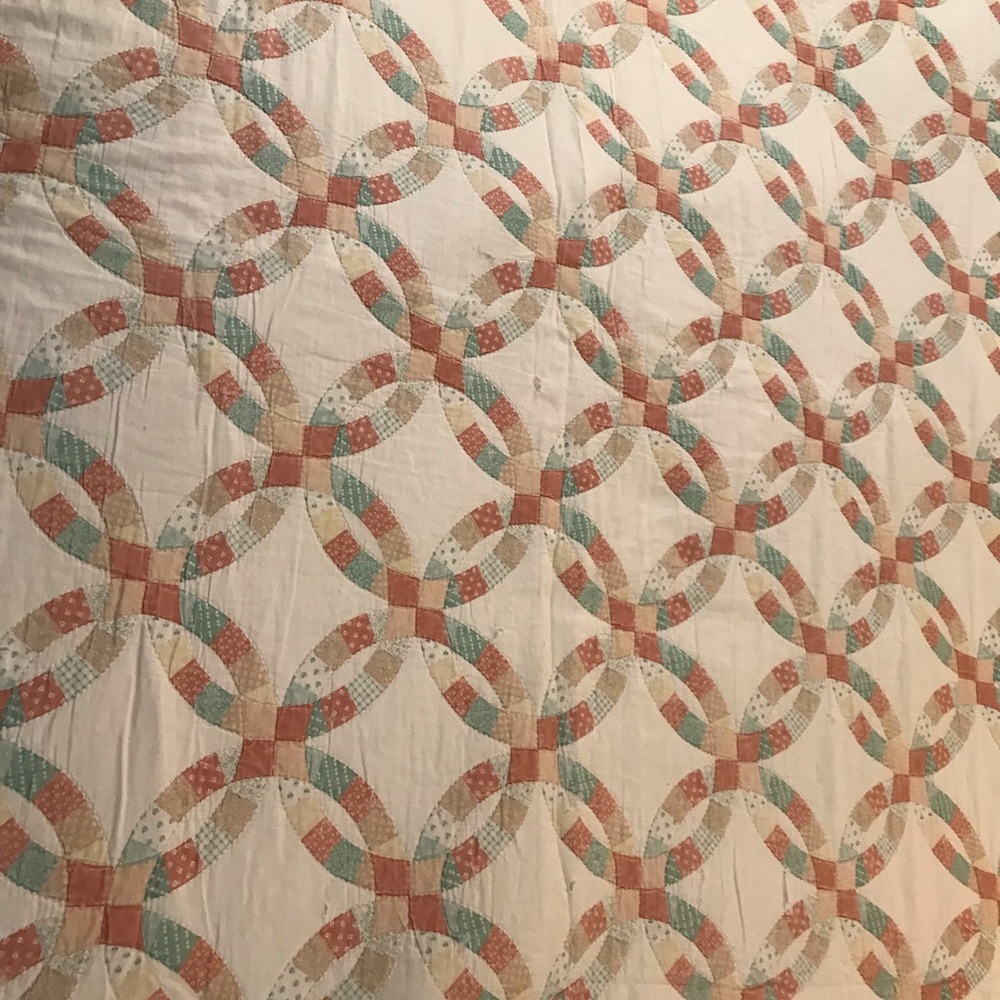 Vintage 🧡💚 Cream, Orange Mint Green Handmade Geometric Quilted Coverlet Quilt